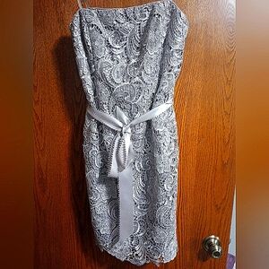 Size 6 Adrianna Papell Lace Gray Strapless Dress with Satin Bow/Sash